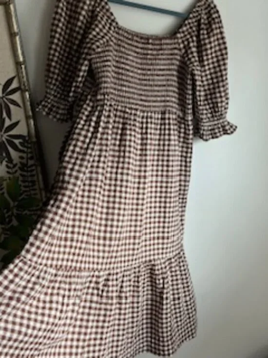Madewell Lucie Elbow-Sleeve Smocked Gingham Midi Dress Two Pockets Women's M - Picture 6 of 15